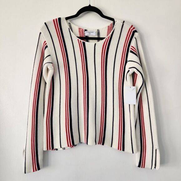New Frame Cropped Cream Red Blue Vertical‎ Striped Long Sleeve sweater size XS - Picture 1 of 6